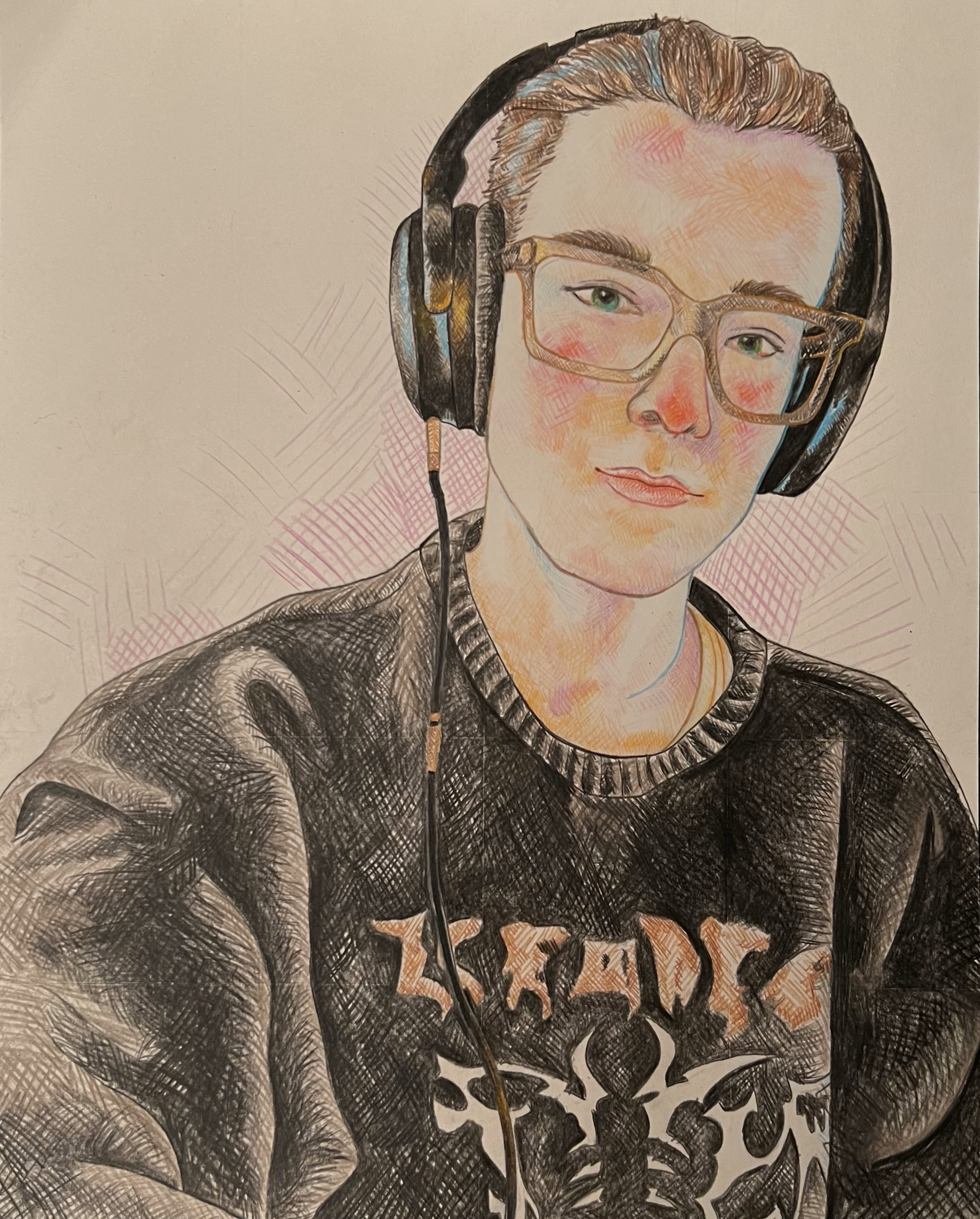 a cross hatched pencil crayon portrait of a young man with brown hair, thick glasses, and a black sweater with bones on it.